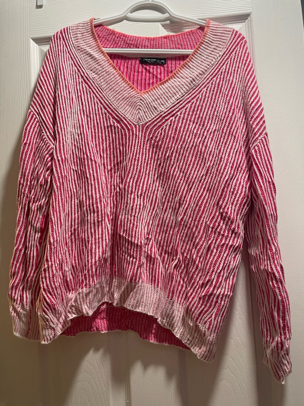 SHEIN Pink and White Striped V-Neck Sweater